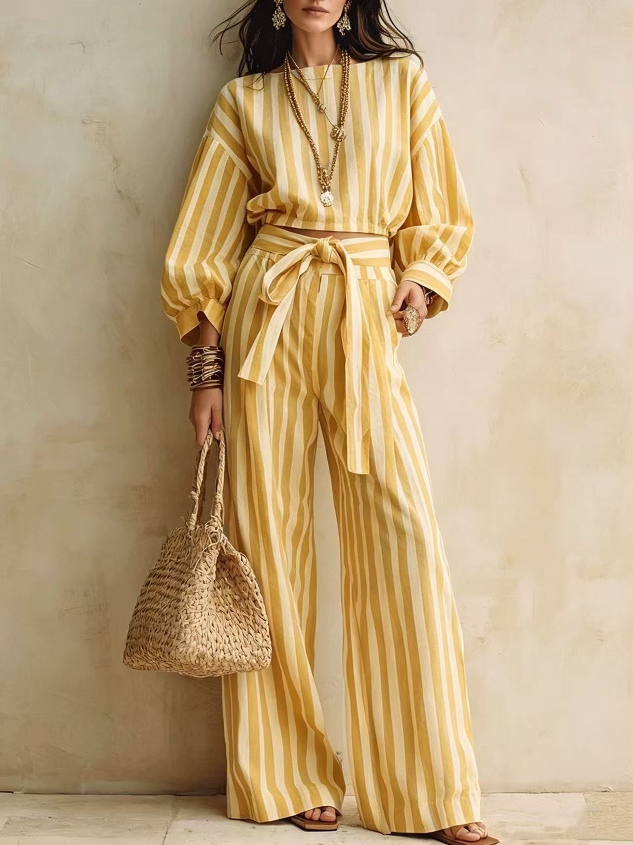 Striped Short Top & Wide-Leg Pants Set with Tie