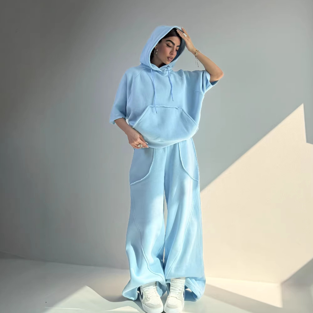 Women's Solid Color Hooded Half-Sleeve Sweatshirt and Pants Set Casual Two-Piece Outfit