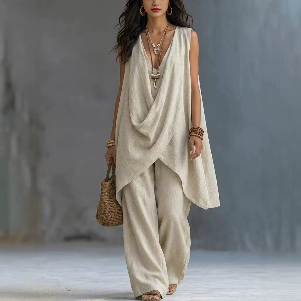 Women's Sleeveless Cross V-Neck Loose Top and Wide-Leg Pants Two-Piece Set
