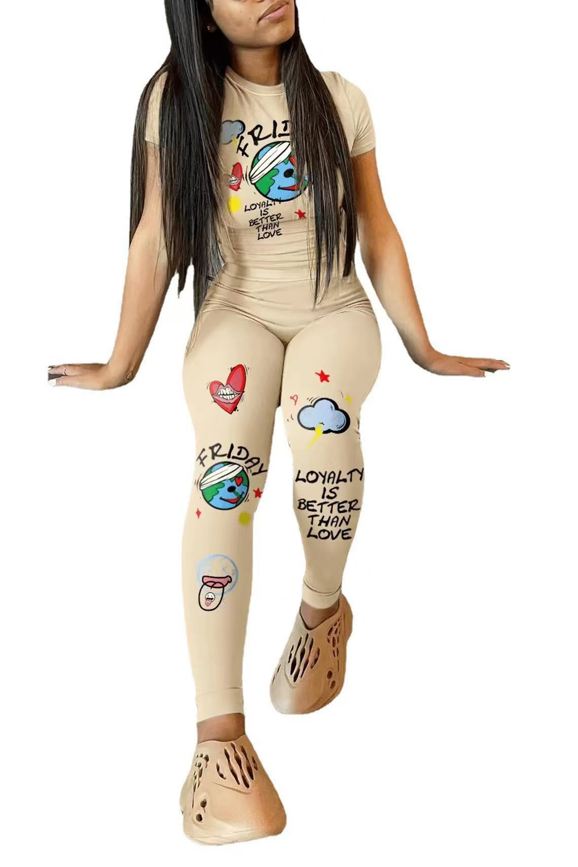 Women's Graphic Print Slim Fit Long Pants Set
