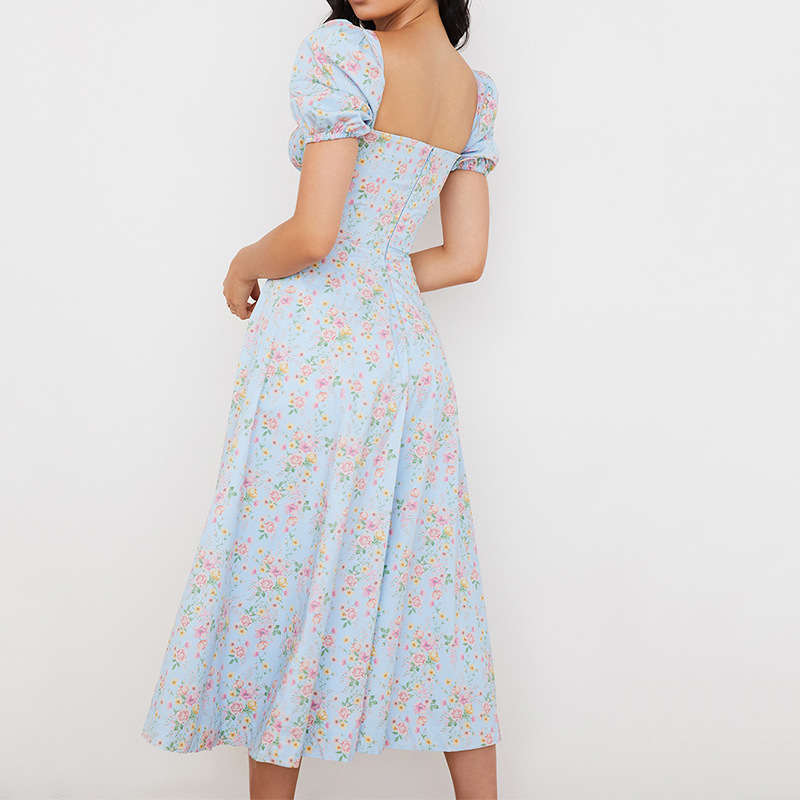 Women's Floral Print Midi Dress Square Neck Short Sleeve A-Line