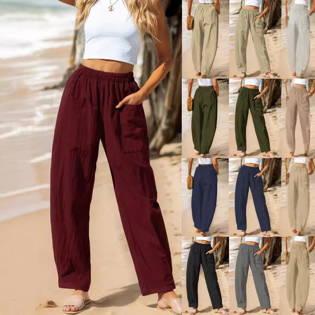 Women's Cotton-Linen Straight-Leg Cropped Pants with Elastic Waist