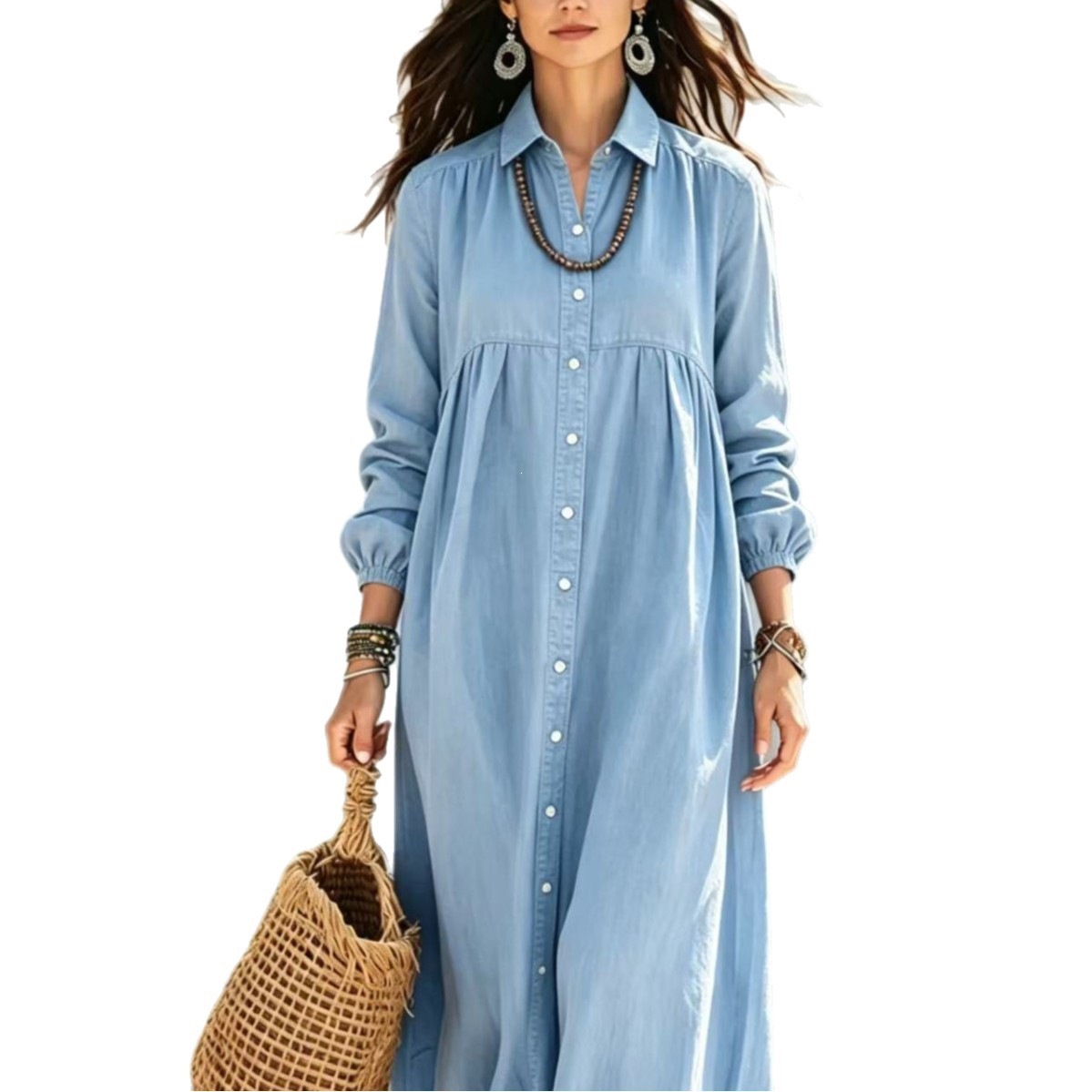Solid Shirt Dress with Collar and Buttons Long Sleeve Loose Fit Midi
