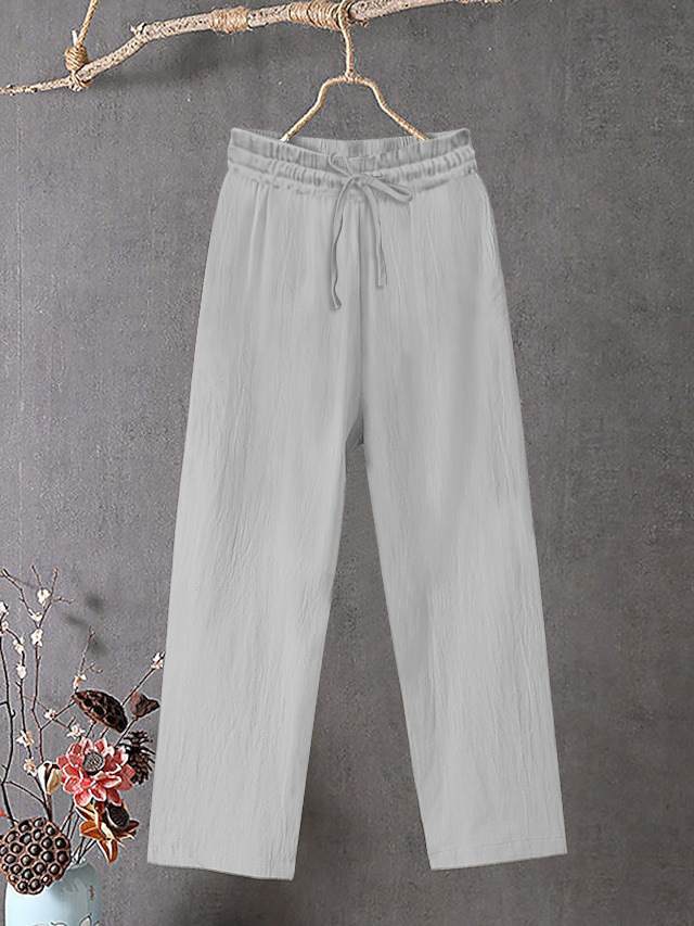 Women's Cotton Linen Wide Leg Pants Elastic Waist Solid Color Loose Fit