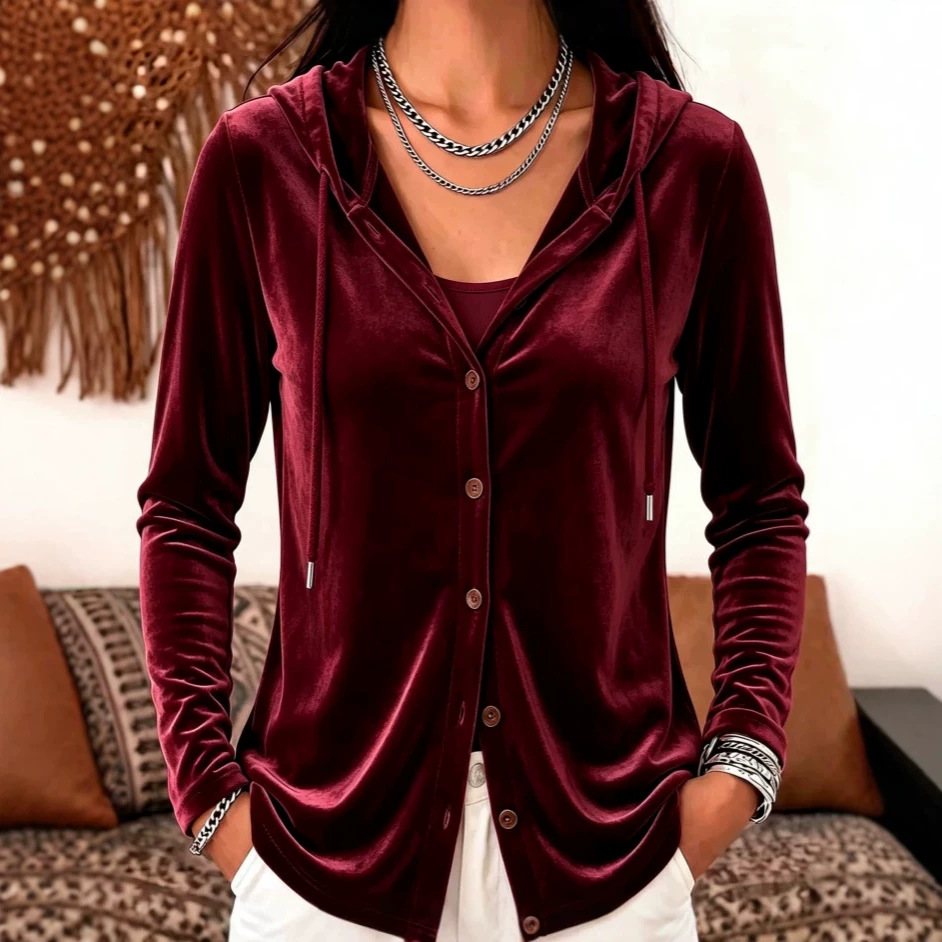 Button-Up Hooded Cardigan Jacket Gold Velvet Solid Color Casual Women's