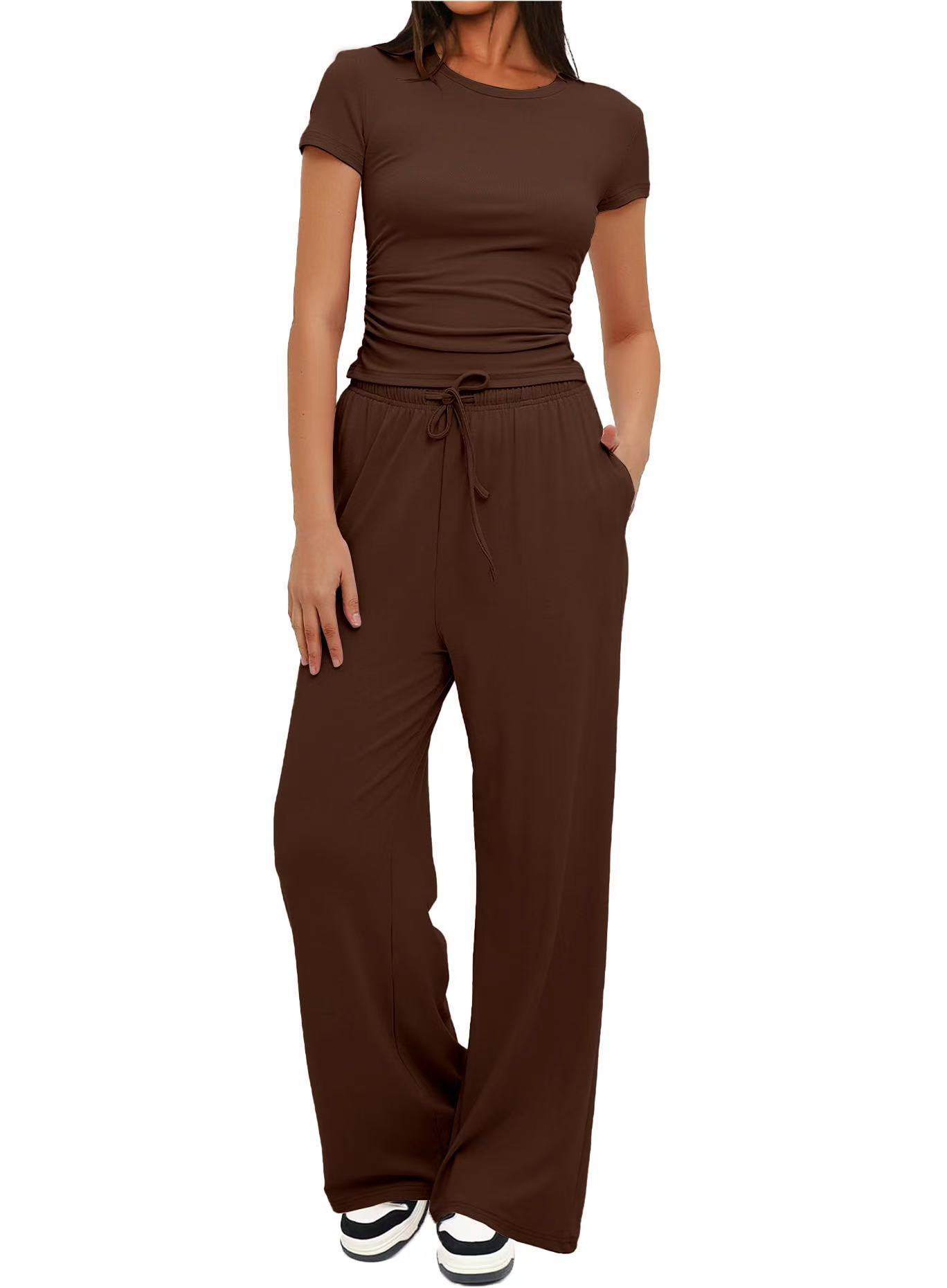 Women's Wide-Leg Two-Piece Set Short Sleeve Casual Commuter Outfit