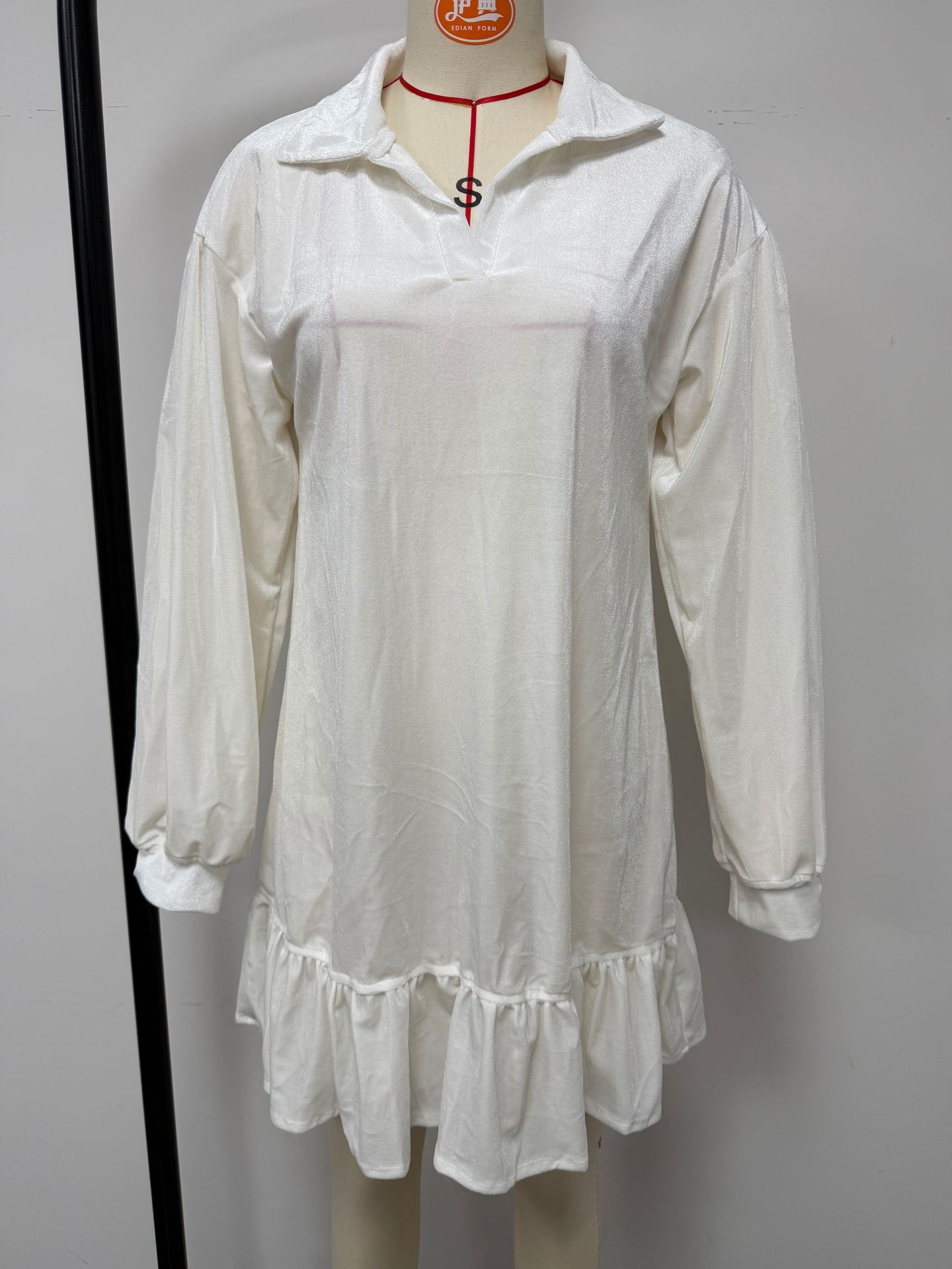 French-Style Velvet Lantern-Sleeve Ruffle Collared Shirt Dress