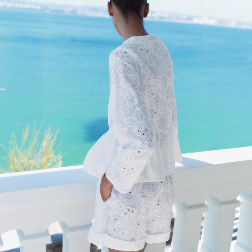 White Embroidered Cutout Shirt and Shorts Set