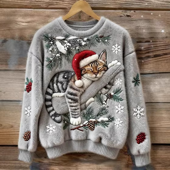 Women's Cute Cat Print Crewneck Sweatshirt