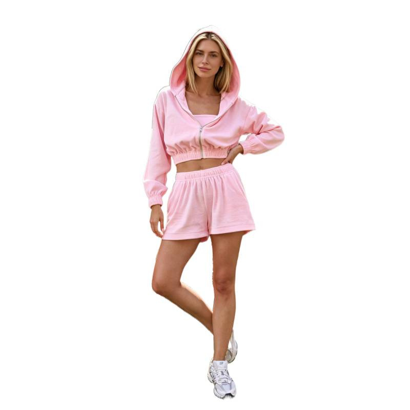 Women's American-Style Hooded Zip-Up Sweatshirt & Tube Top Shorts Set