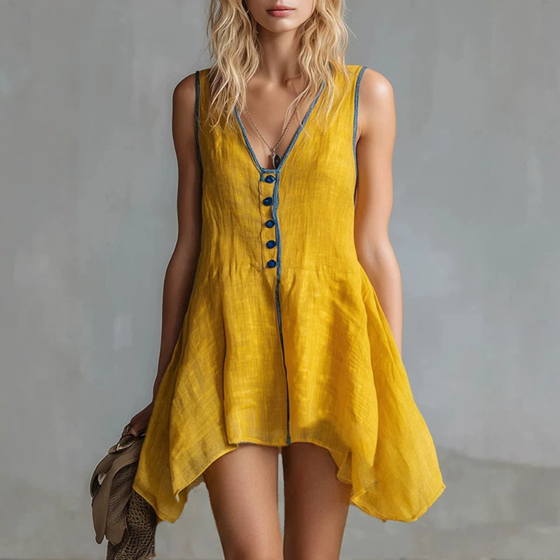 Retro Yellow Cotton-Linen Mini Dress with Piping, V-Neck Sleeveless