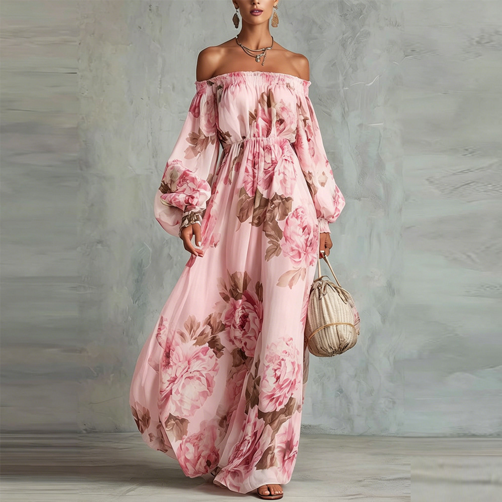 Floral Print Off-Shoulder Lantern Sleeve Midi Dress