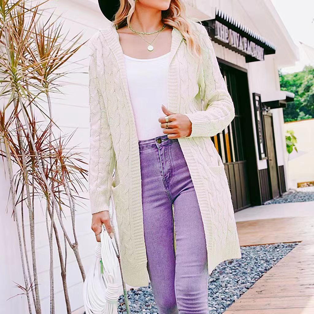Women's Mid-Length Hooded Cardigan Sweater Cable Knit