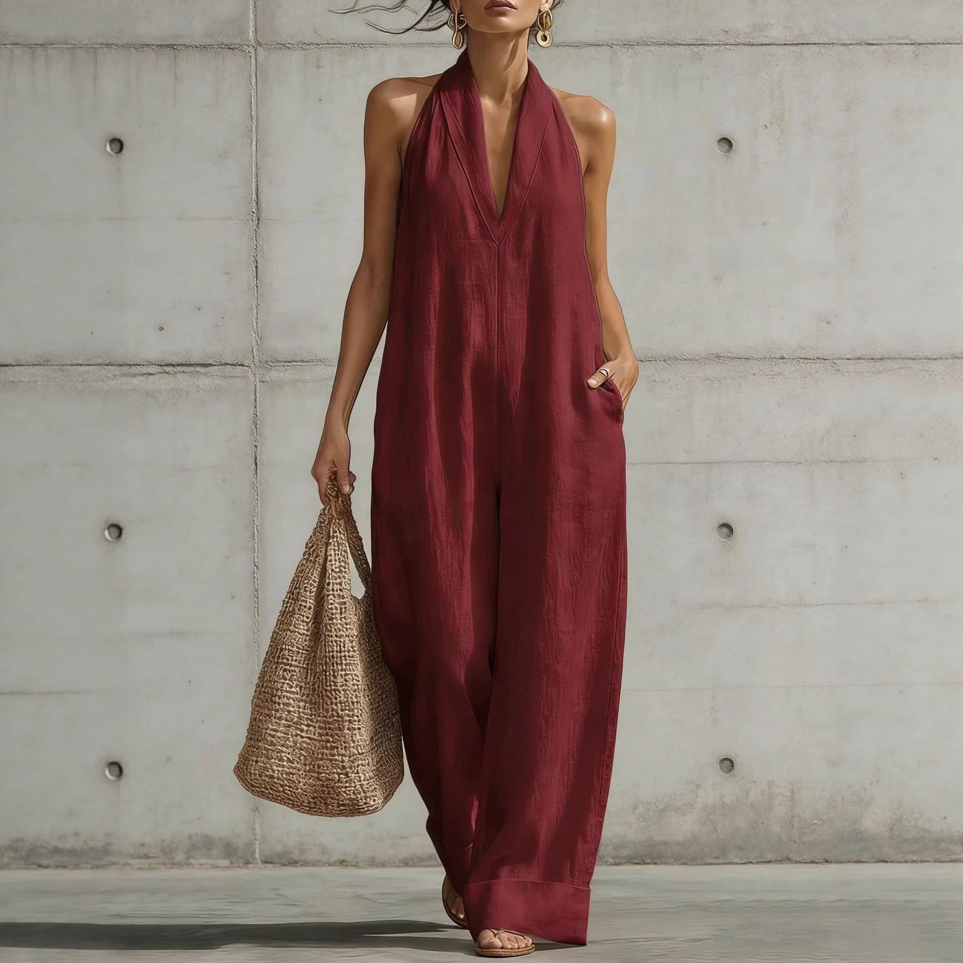 Women's Sleeveless Halter Wide-Leg Jumpsuit Solid Color Linen-Blend Long Pants