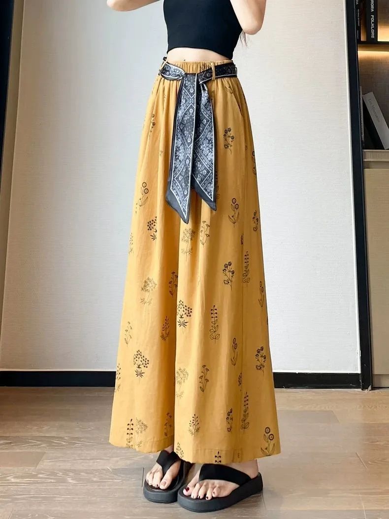 Printed Cotton-Linen Wide-Leg Pants for Women, High-Waist Tie, Loose Cropped