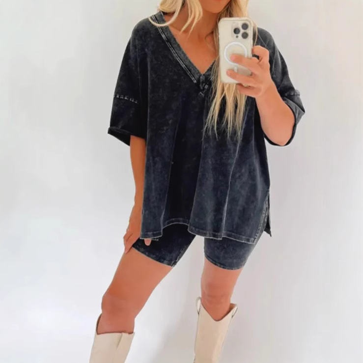 V-Neck Faux Denim Two-Piece Set with Short Sleeve Tee and High-Waist Shorts