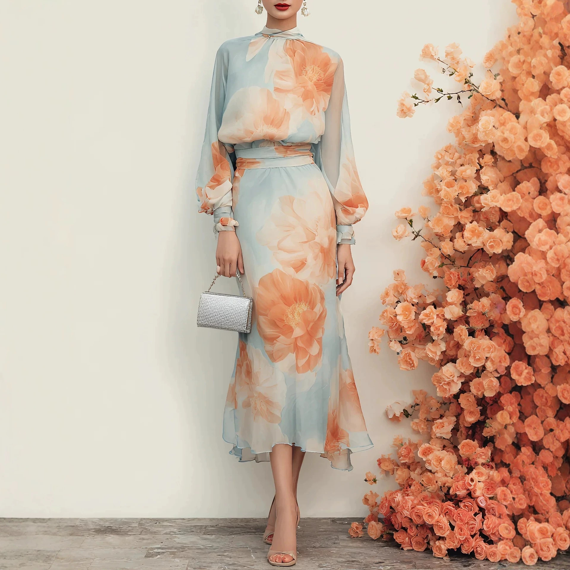 Blue Floral Chiffon Dress with Stand Collar, Puff Sleeves, Waist-Cinched Mermaid Hem