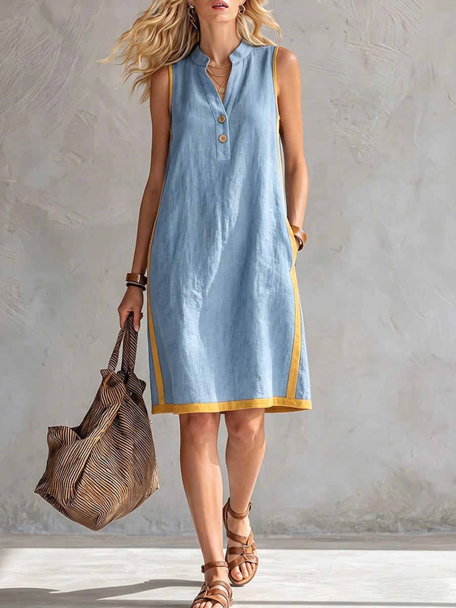Women's V-Neck Sleeveless Loose Cotton Linen Midi Dress