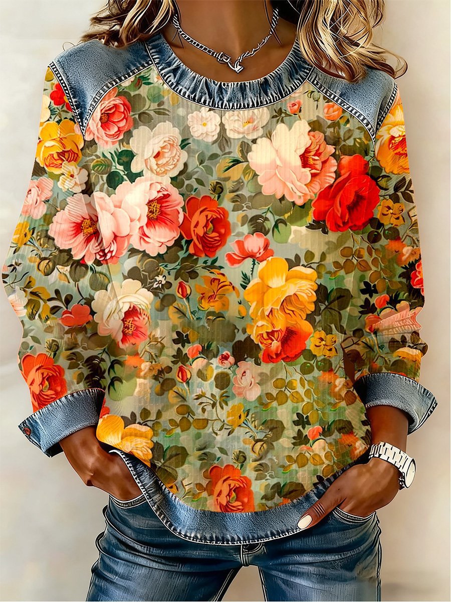 Women's Floral Botanical Print Crewneck Sweatshirt