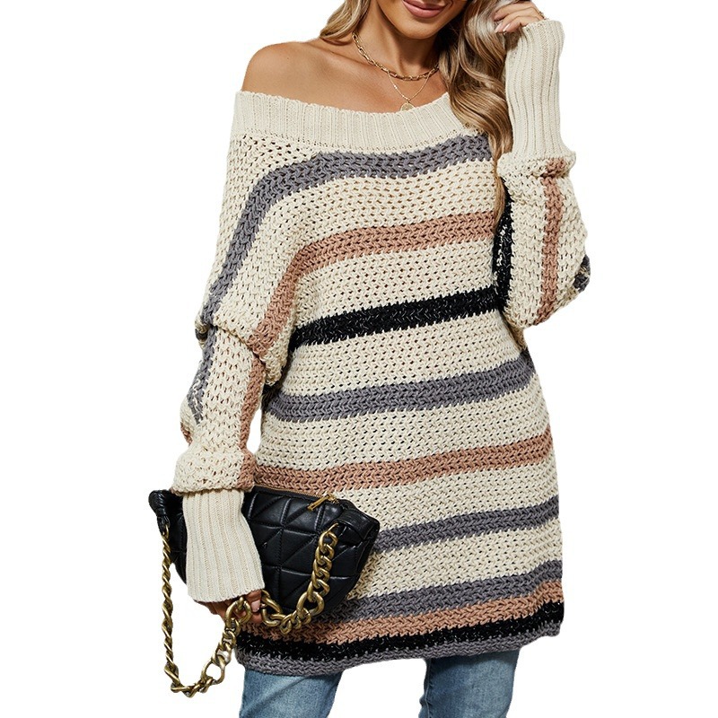 Women's Off-Shoulder Striped Knit Top with Batwing Sleeves