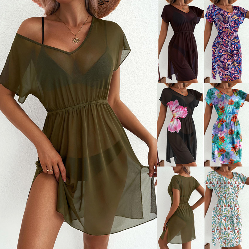 Women's V-Neck Short Sleeve Mesh Waist-Cinching Casual Dress
