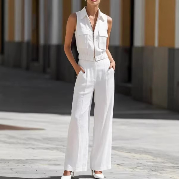 Women's Sleeveless Zip Cargo Top & Wide-Leg Pants Set