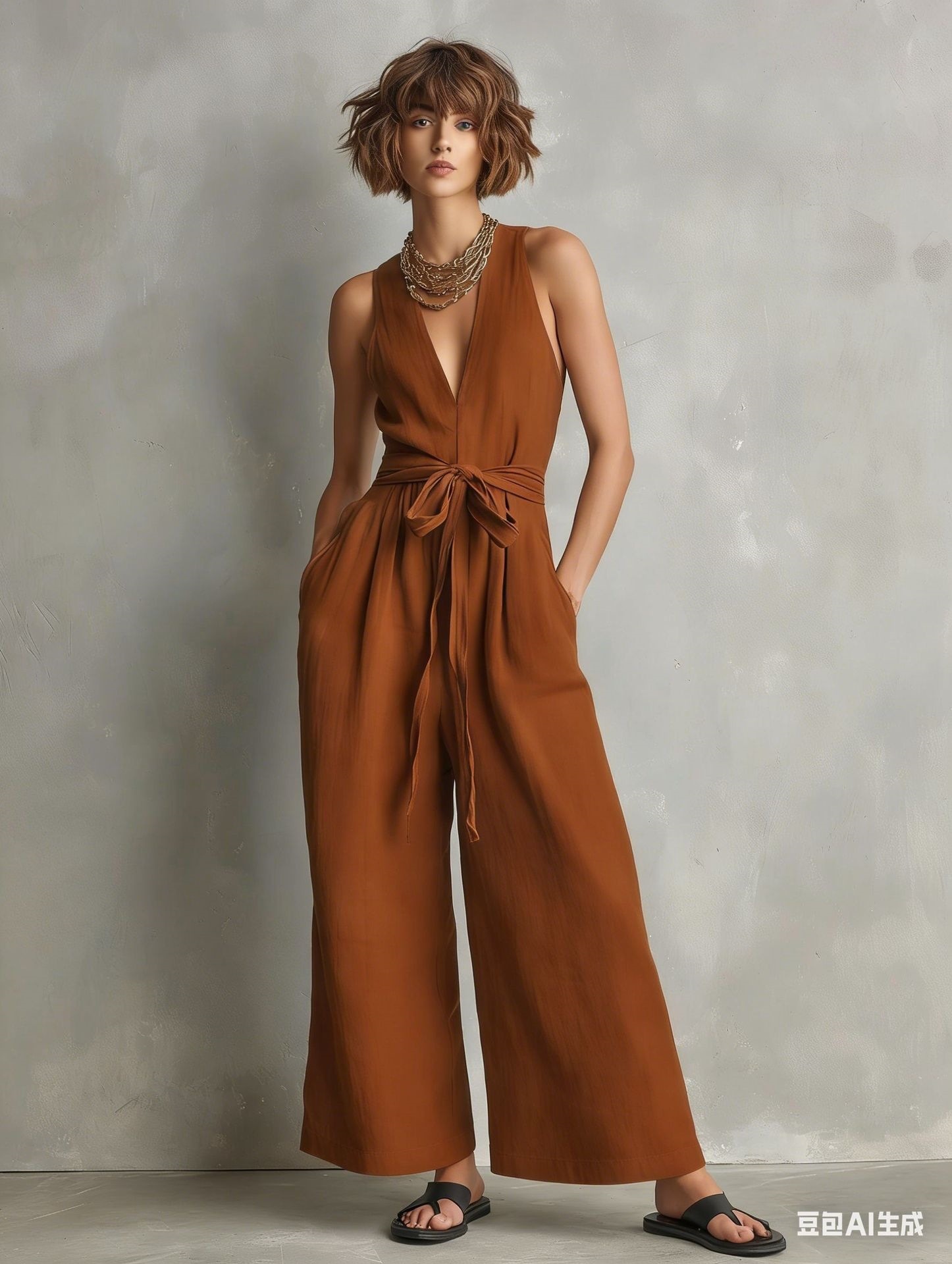 Women's Sleeveless V-Neck Jumpsuit Elegant Commuter Solid Color