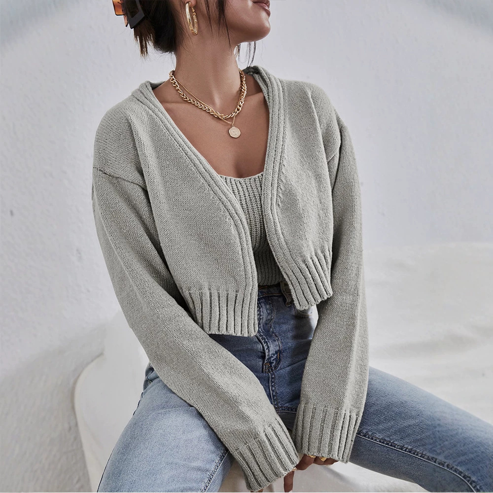 Cropped Acrylic Sweater Set with Cami and Cardigan