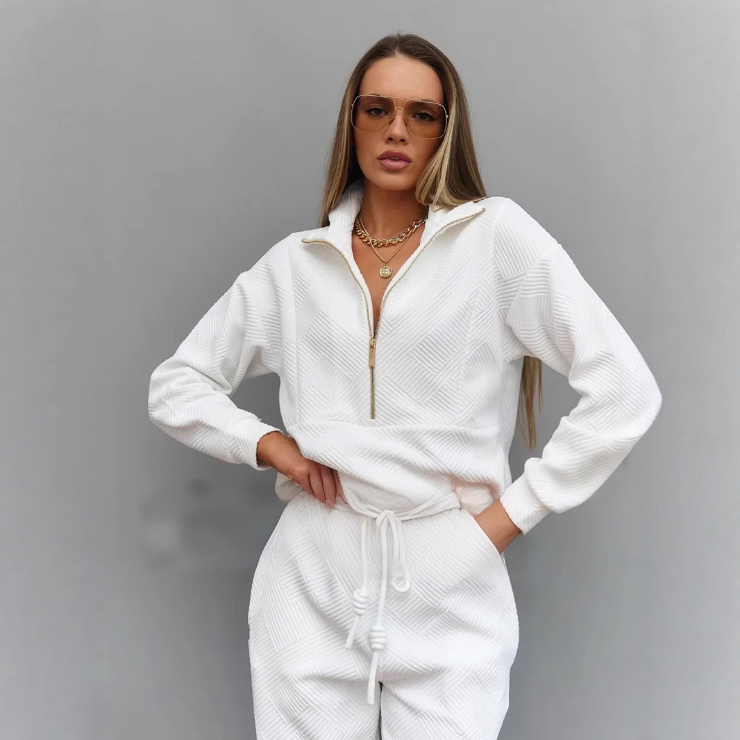Women's Solid Color Long Sleeve Zip Loose Top and Tie-Waist Pants Two-Piece Set