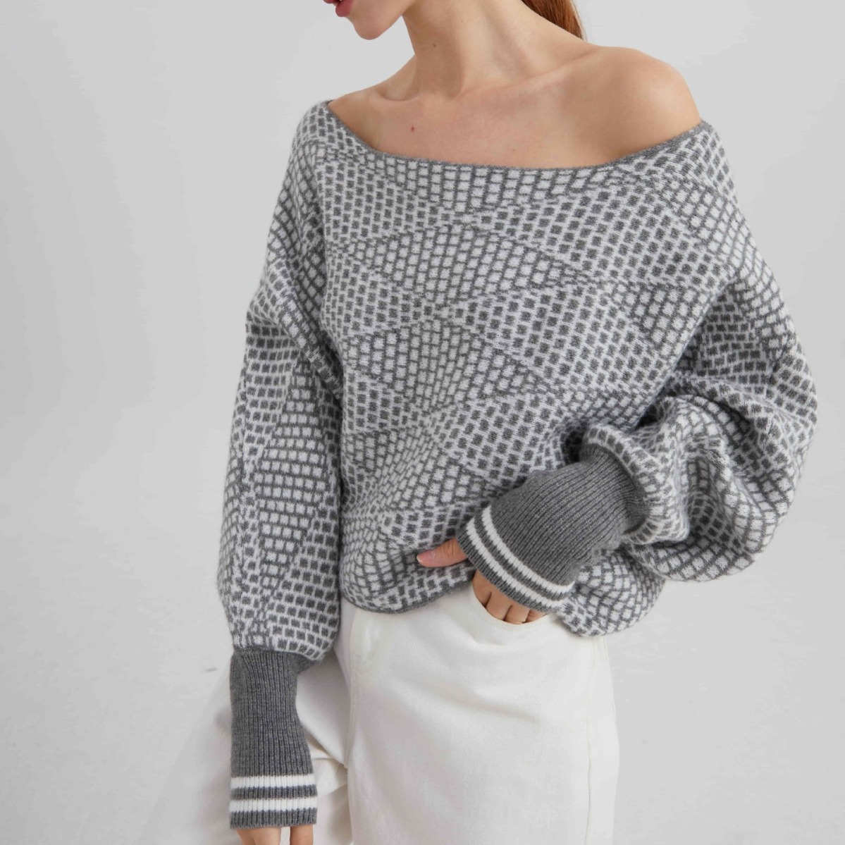 Off-Shoulder Plaid Wool Knit Sweater Long Sleeve Pullover