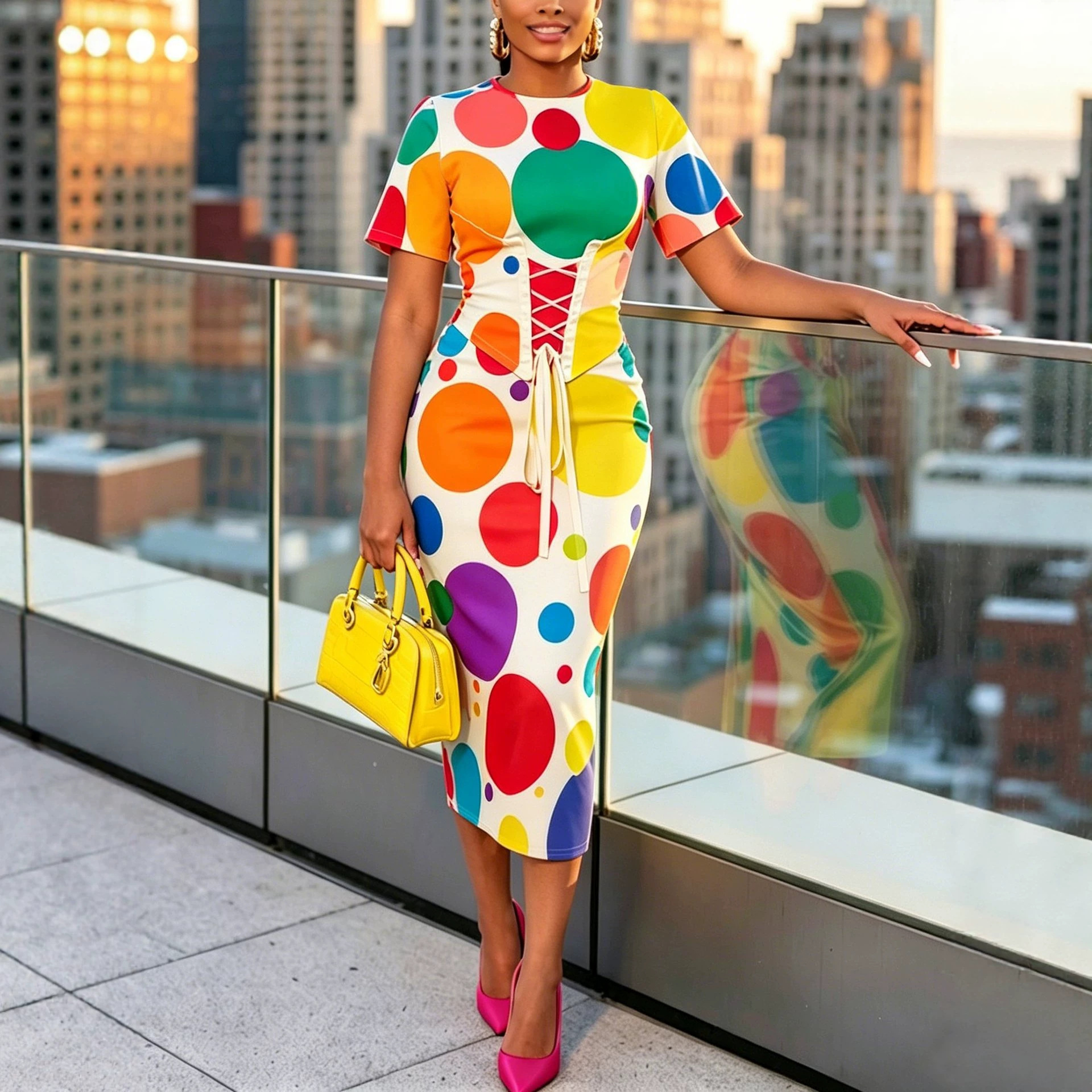 Elegant Polka Dot Print Round Neck Waist-Defined Midi Dress