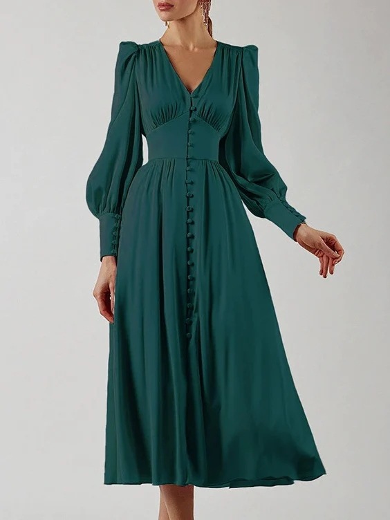 Satin Lantern-Sleeve High-Waist Slimming Long Dress