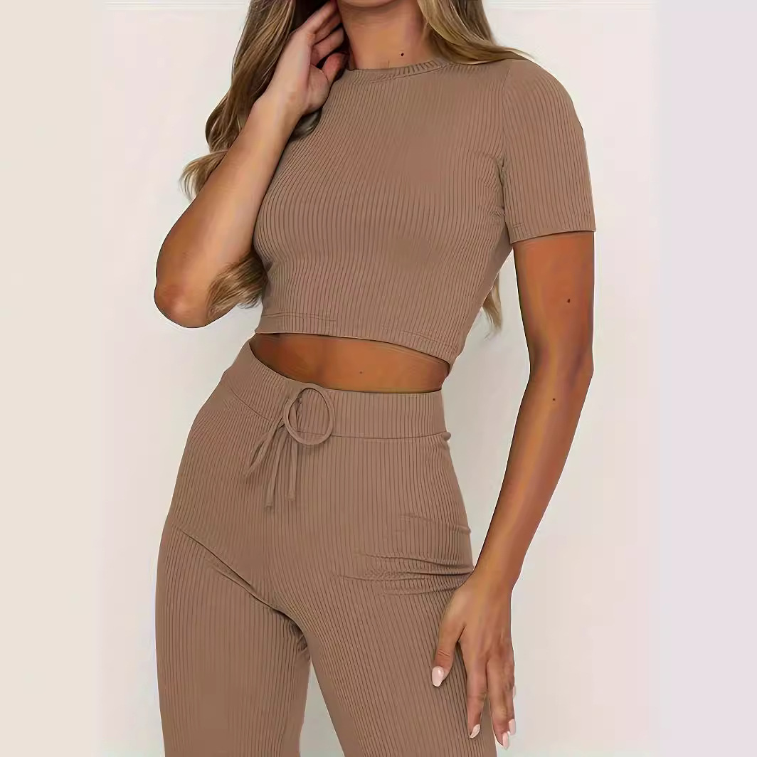Women's Solid Color High-Stretch Short Sleeve Top and Wide-Leg Pants Two-Piece Set