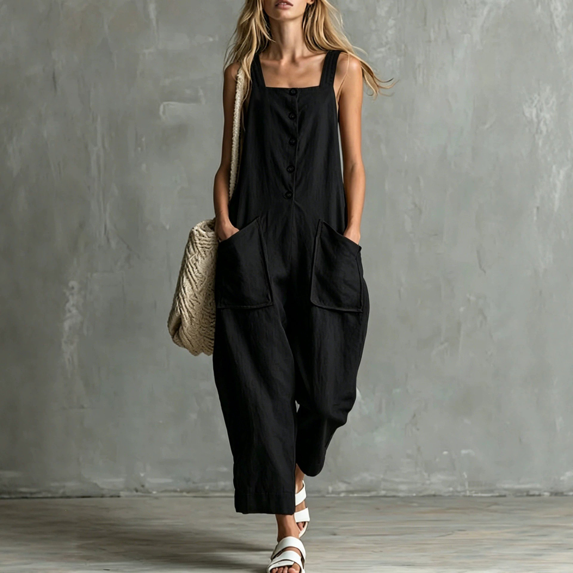 Women's Linen-Blend Wide-Leg Jumpsuit with Pockets