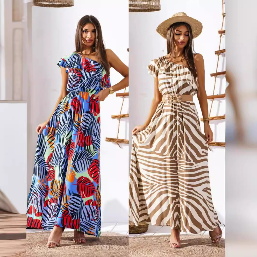 Women's Off-Shoulder Floral Print Long Dress with Waist