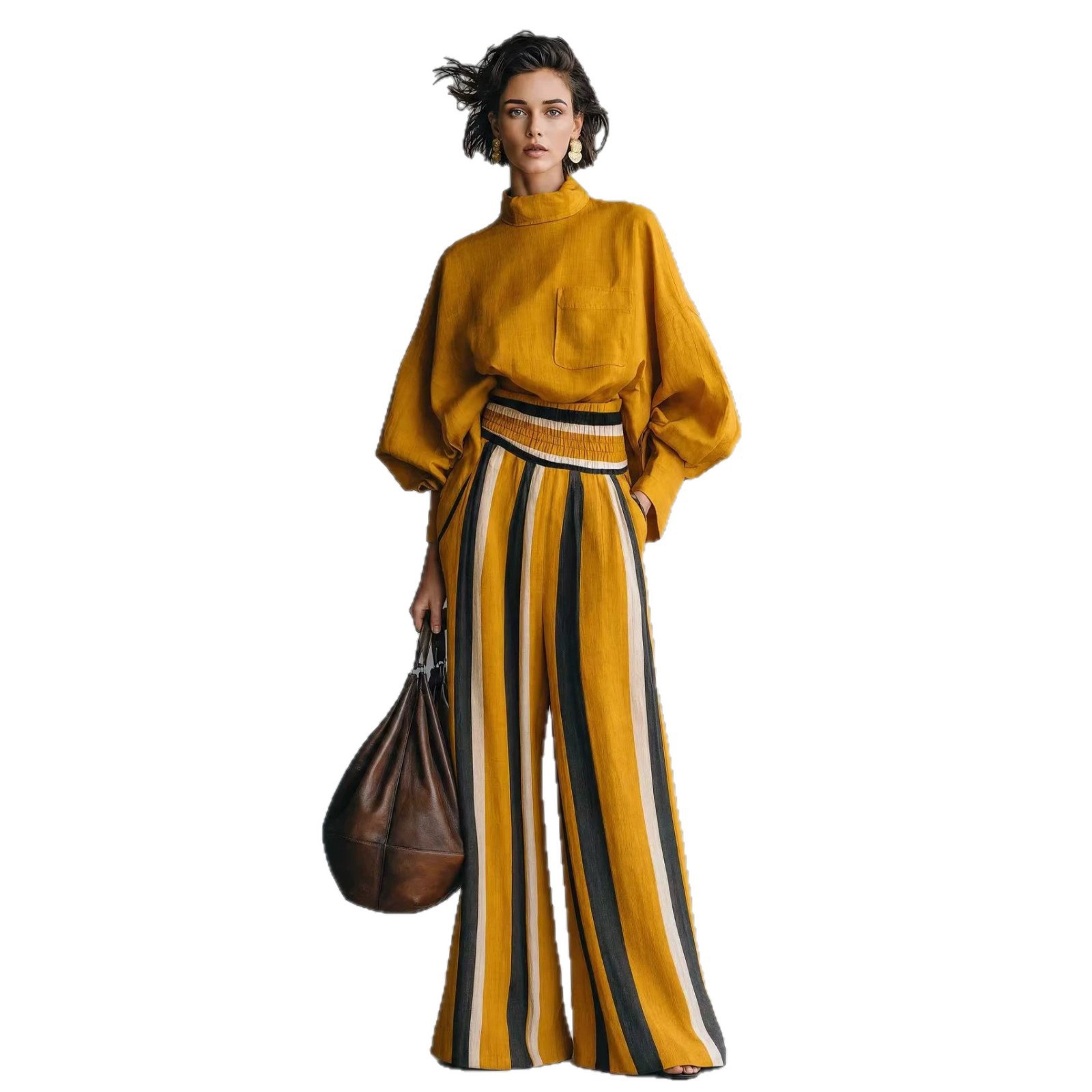 Women's Striped Mock Neck Long Sleeve T-Shirt and Pants Set