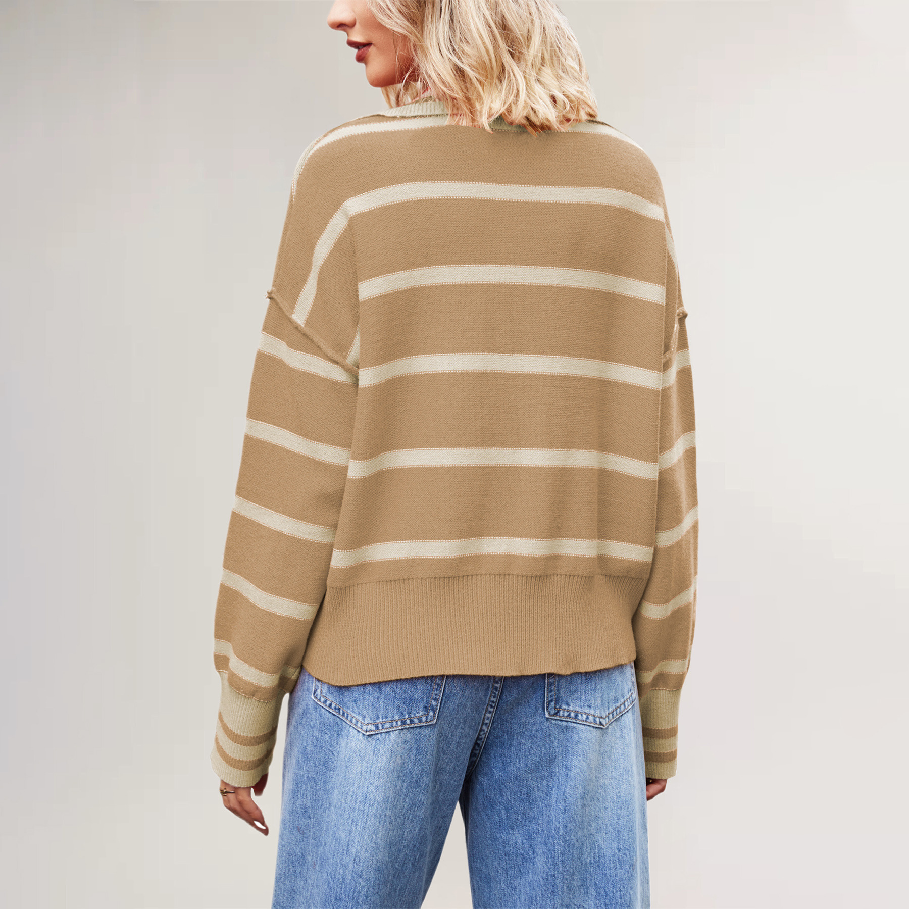V-Neck Striped Colorblock Loose Knit Sweater