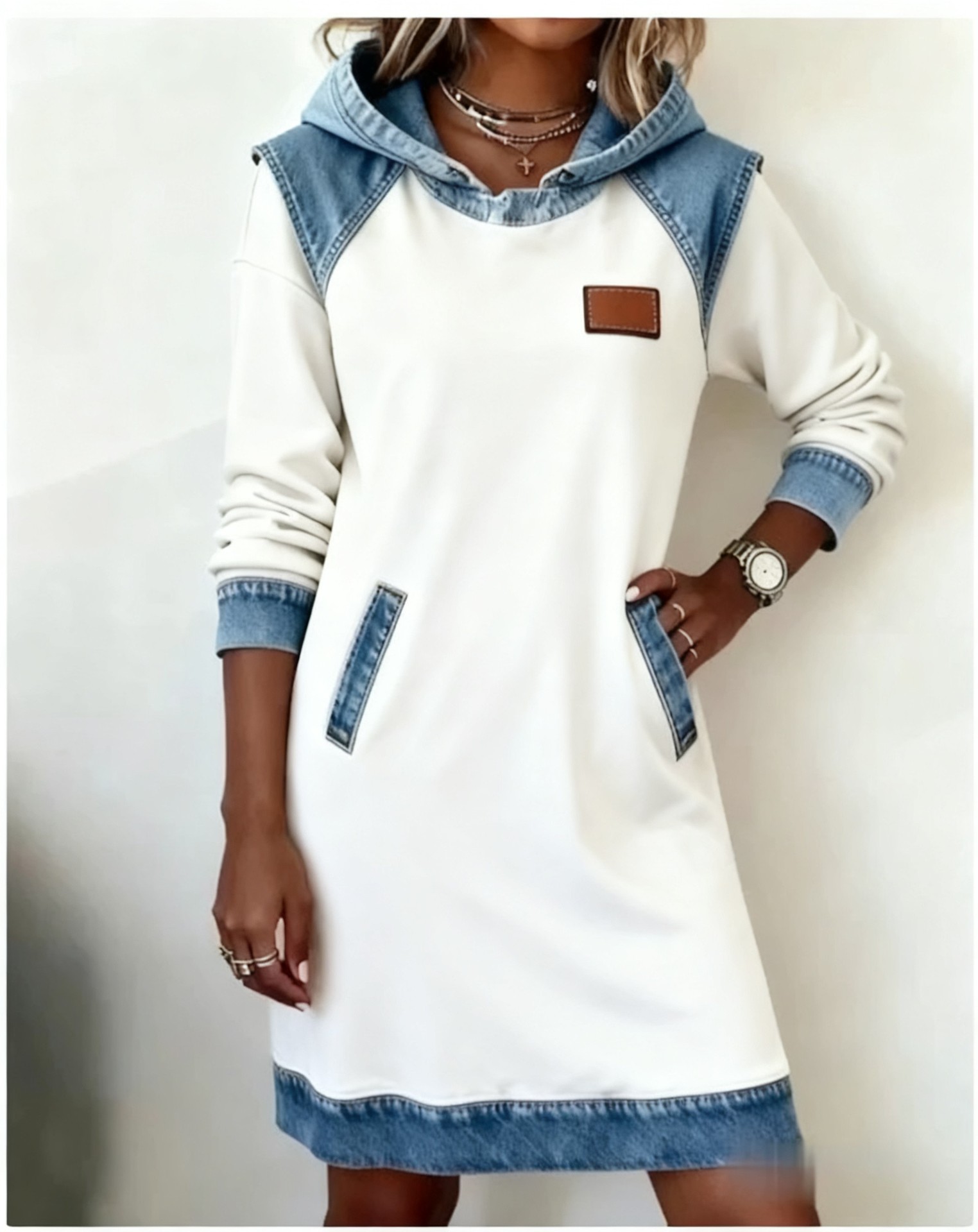 Women's Casual Colorblock Button Long-Sleeve Hooded Sweatshirt Dress