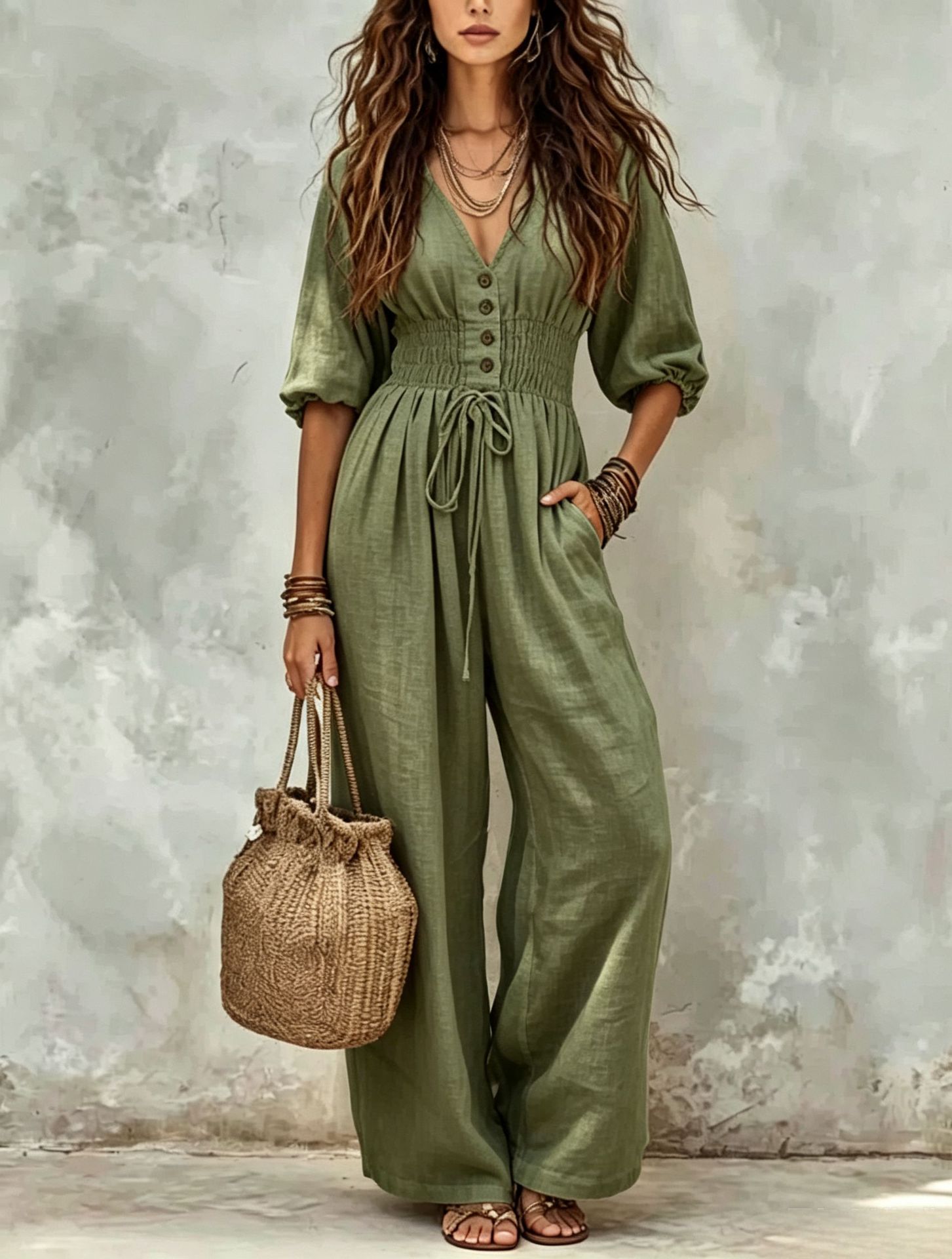 Lantern Sleeve Drawstring Waist Wide Leg V-Neck Jumpsuit