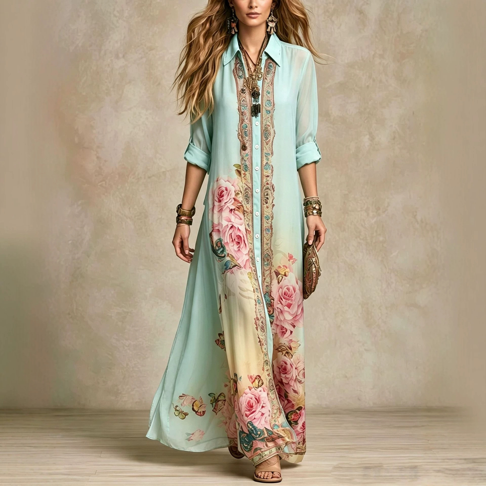 Women's Vintage Geometric Print A-Line Long Sleeve Dress with Embroidered Collar
