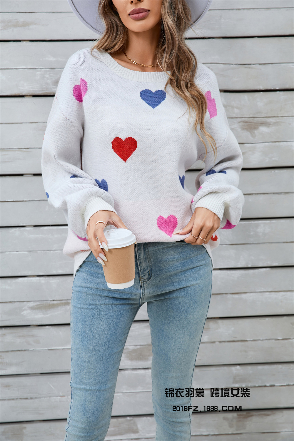 Heart Pattern Crewneck Pullover Sweater