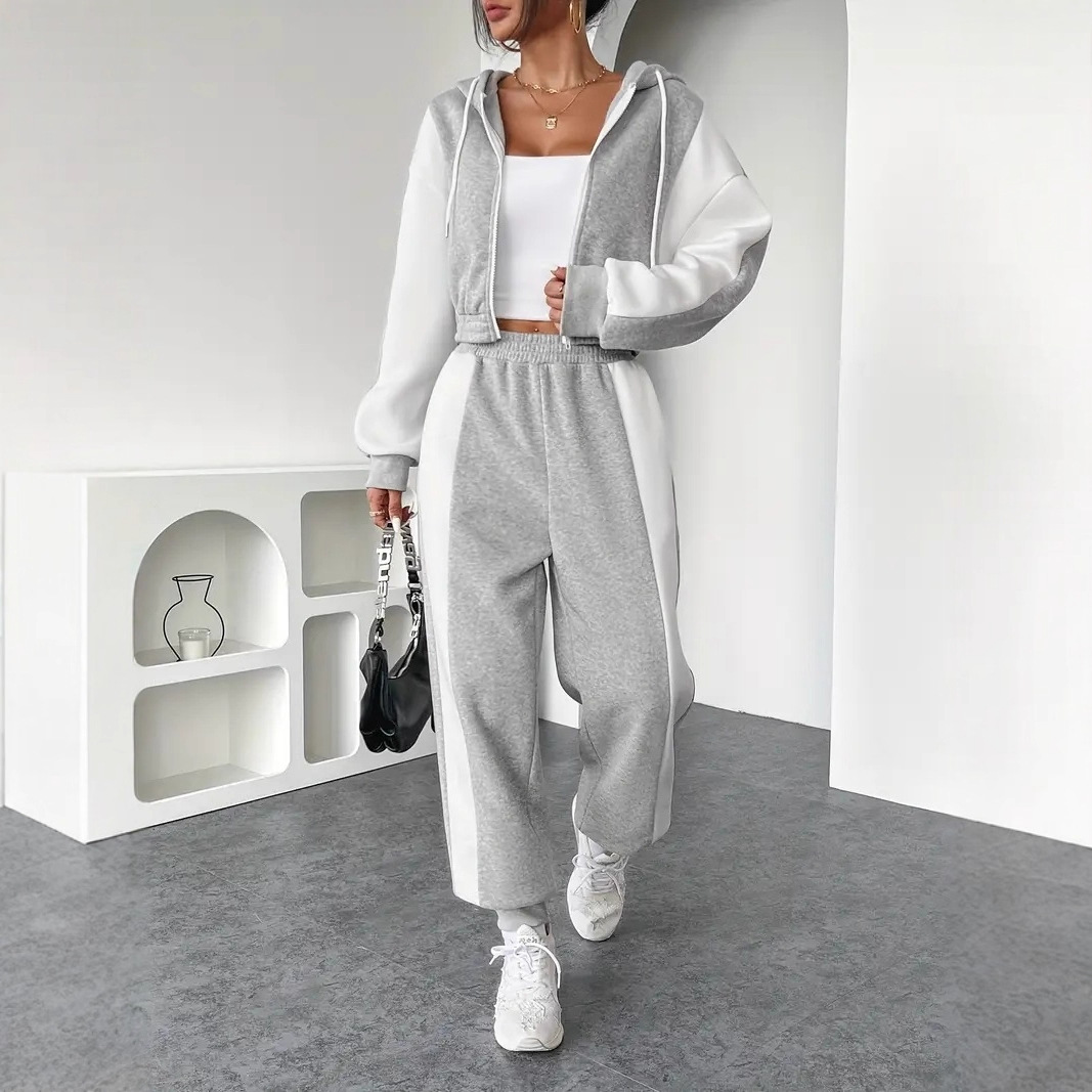 Women's Color-Block Long-Sleeve Hoodie & High-Waist Pants Two-Piece Set