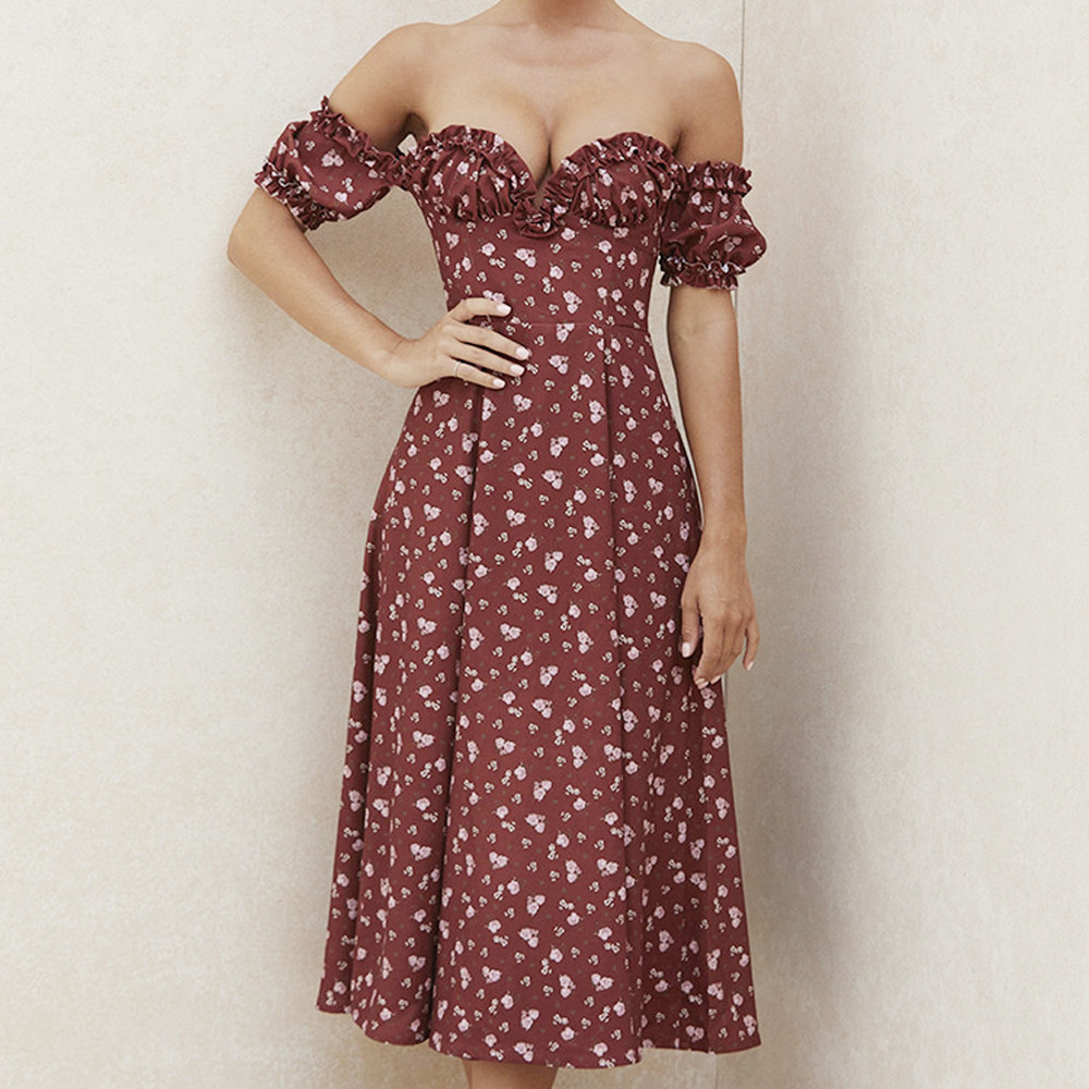Women's Off-Shoulder Floral Dress Short Sleeve Slit Midi