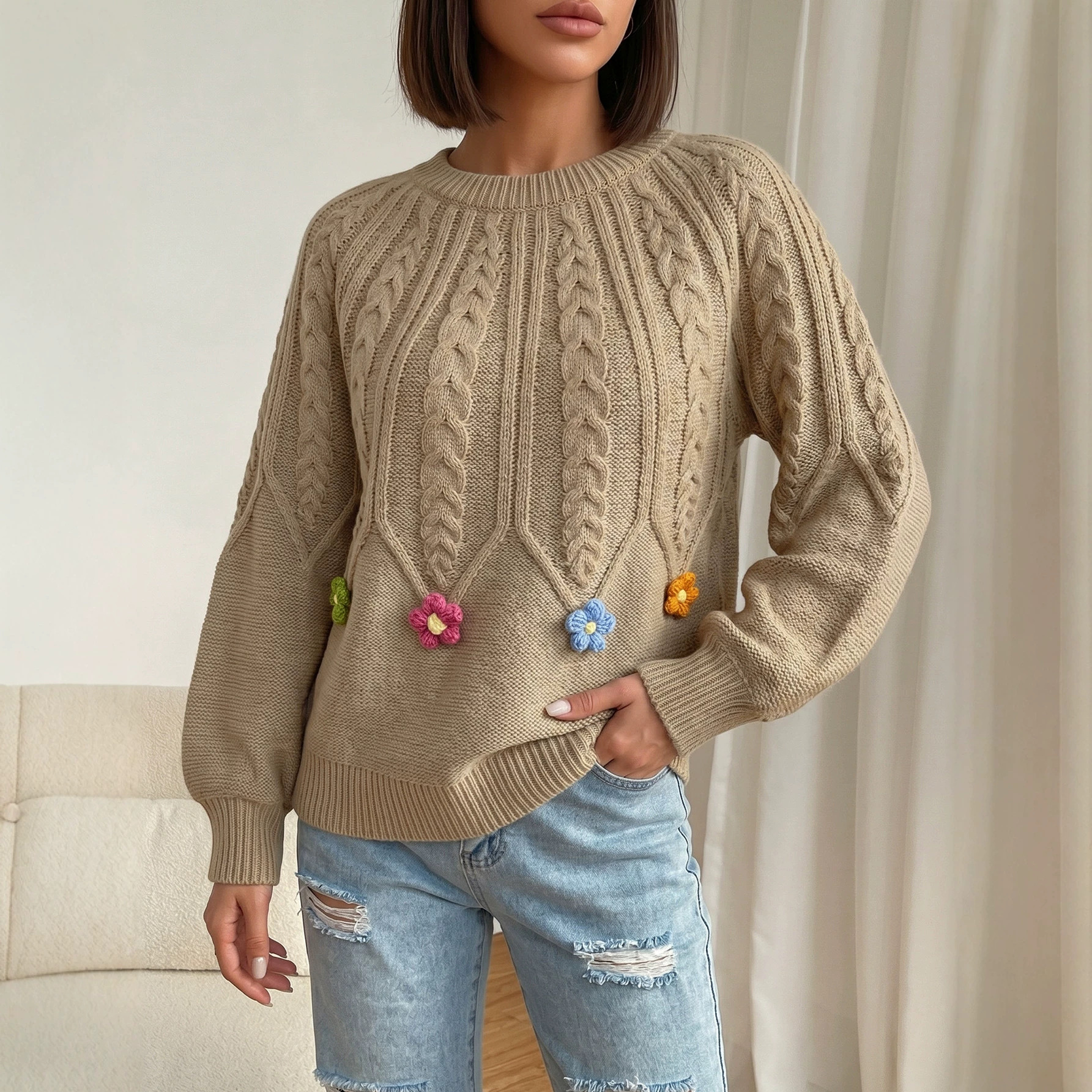 Women's Cable-Knit Sweater with Lantern Sleeves and Round Neck