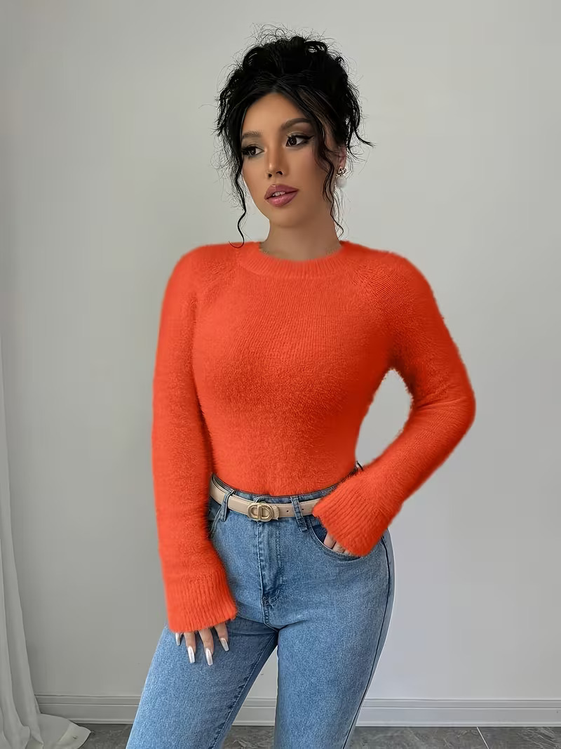 Women's V-Neck Solid Knit Sweater Soft Warm Pullover