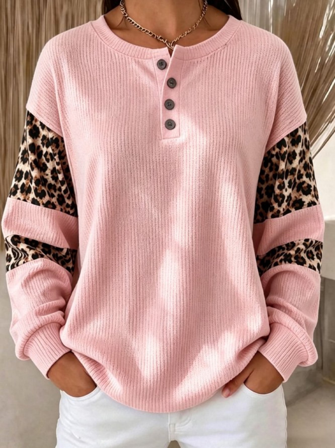 Women's Retro Color-Block Leopard Print Buttoned Sweatshirt