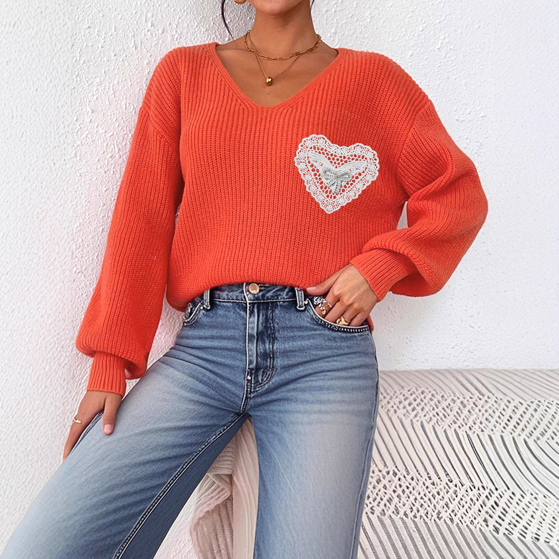 V-Neck Lace Rhinestone Bow Pocket Pullover Sweater