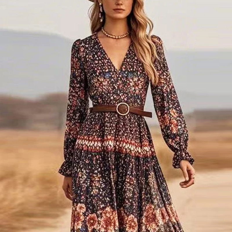 Women's Long Sleeve V-Neck Floral Print Maxi Dress with Lantern Sleeves and High Waist