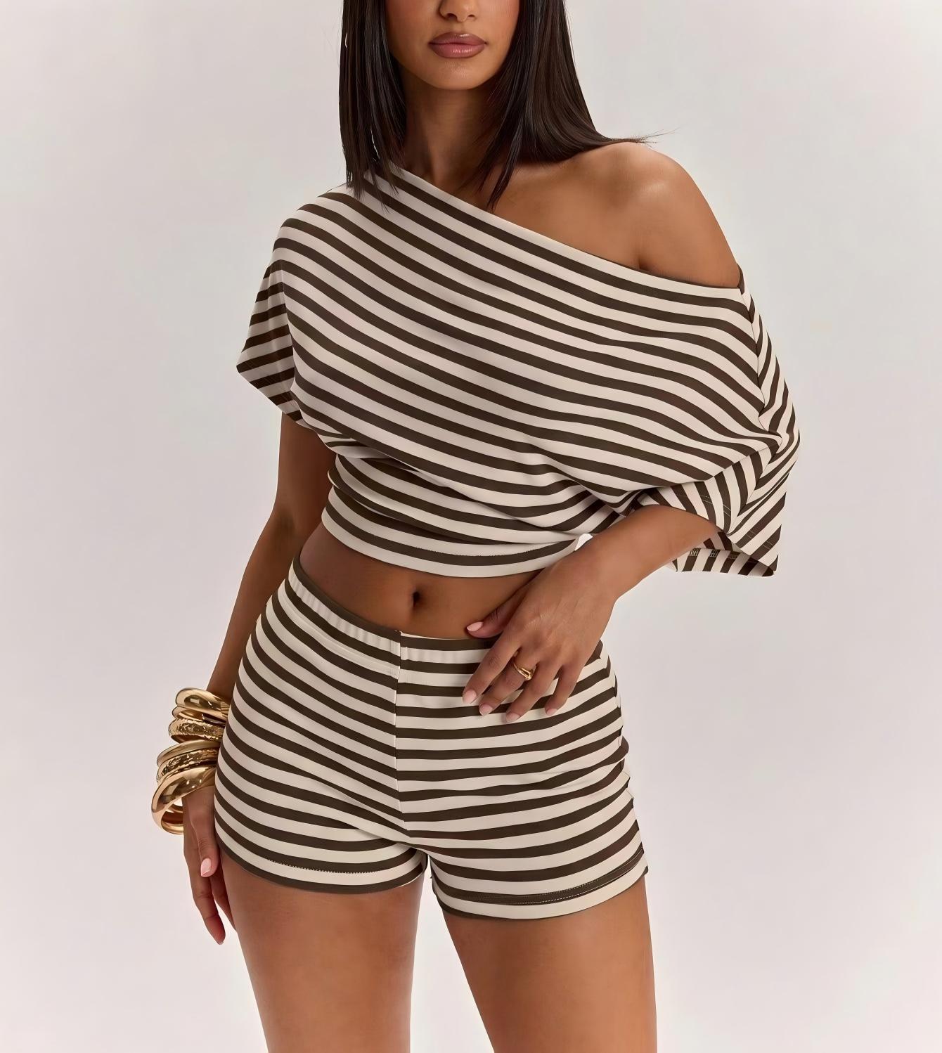Striped One-Shoulder Short-Sleeve T-Shirt and High-Waist Shorts Set