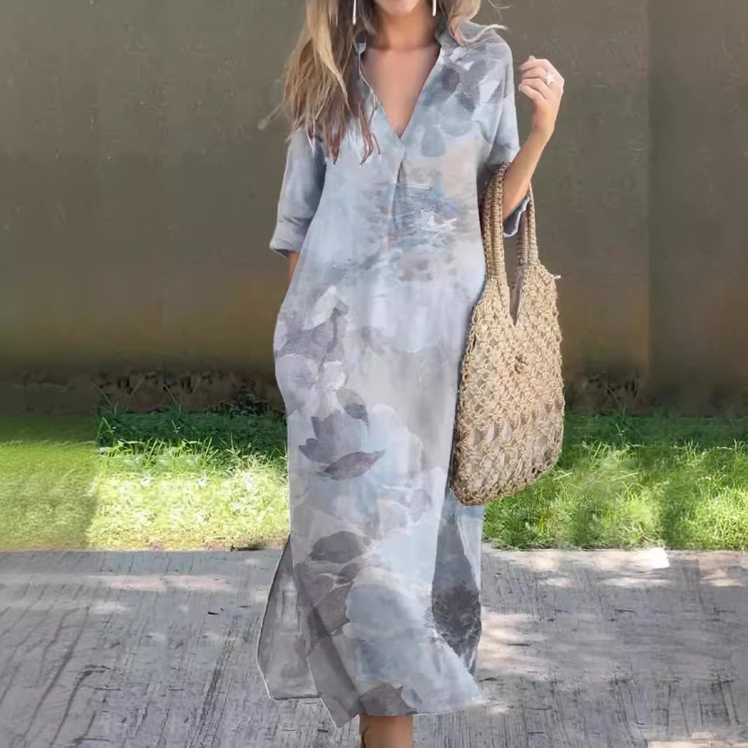 Women's Casual V-Neck Slit Printed Linen-Look Midi Dress